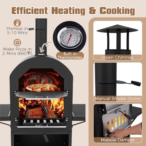 LDAILY Outdoor Pizza Oven, Wood Fired Pizza Maker with Side Shelves, Cooking Grids, Cover, Pizza Stone & Peel, Patio Portable Pizza Stove for Backyard, Camping & Party, Black - Image 3
