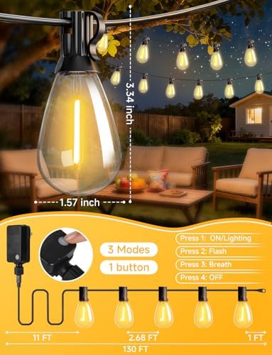 Likesky 130FT LED Outdoor String Lights with Remote Waterproof Patio Lights with Shatterproof S11 Bulbs, Dimmable Outside Hanging Light Connectable for Porch Backyard Yard Garden Decor 2700K - Image 6