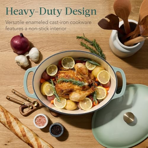 Best Choice Products Oval 7.5 Quart Enamel Cast-Iron Dutch Oven, Heavy-Duty Pre-Seasoned for Baking, Cooking w/Side Handles – Sage Green - Image 3