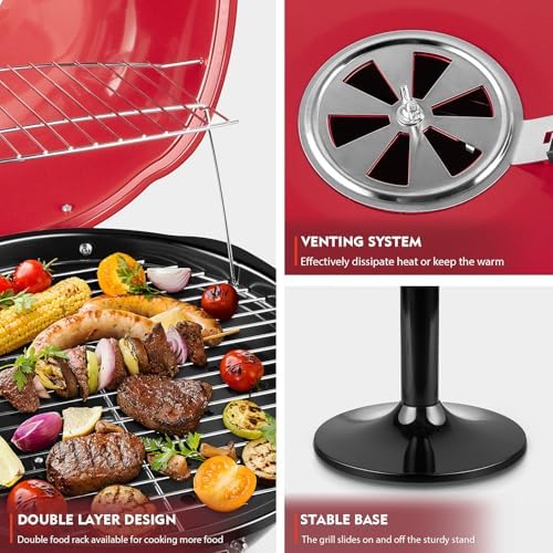 Electric Grill, Techwood Indoor/Outdoor Electric BBQ Grill, 1600W Portable Removable Stand Grill with Adjustable Heat & Drip Tray, Double Layer Design for Party, Patio & Backyard (Red) - Image 3