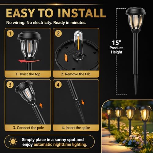 DERAYSION 12 Pack Solar Lights Outdoor, Solar Pathway Lights Auto On/Off Waterproof Garden Landscape Lighting for Path, Yard, Walkway, Driveway Decor - Image 6