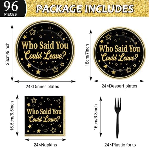 96Pcs Who Said You Could Leave Paper Plates and Napkins for Farewell Party Decor Retirement Disposable Plate Black and Gold Leaving Tableware Set for Goodbye Going Away Birthday Gatherings Decorations - Image 2