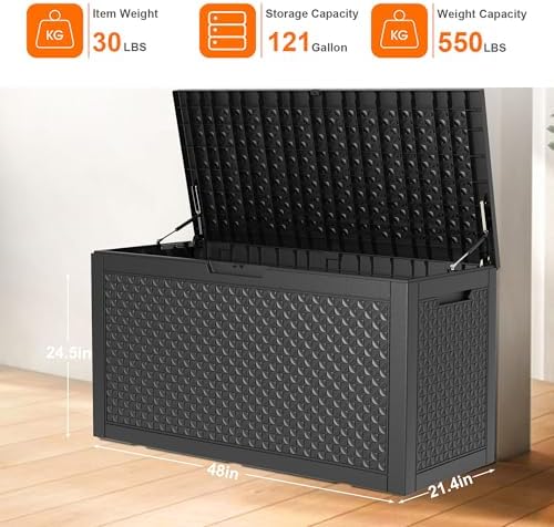 PatioZen 121 Gallon Resin Deck Box, Lockable Outdoor Storage Box for Patio Cushions Storage Furniture,Garden Tools, Pool Supplies, Weatherproof and UV Resistant (Black) - Image 6