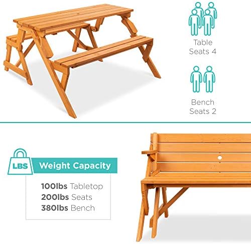 Best Choice Products 2-in-1 Transforming Interchangeable Outdoor Wooden Picnic Table Garden Bench for Backyard, Porch, Patio, Deck w/Umbrella Hole - Natural - Image 6