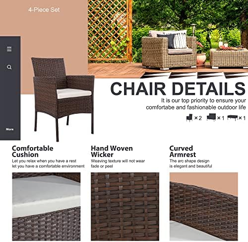 Shintenchi 4 Piece Outdoor Patio Furniture Set, Wicker Rattan Patio Conversation Set, Outdoor Chairs and Loveseat with Coffee Table for Porch, Yard & Poolside (Brown) - Image 3