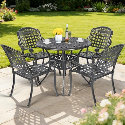 MEETWARM 5 Piece Patio Dining Set, Outdoor All-Weather Cast Aluminum Dining Table Set, Patio Furniture Set for Backyard Garden Deck, Include 4 Chairs and a 35.4" Round Table with Umbrella Hole by MEETWARM