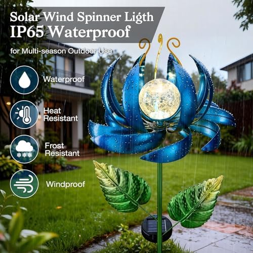 Solar Wind Spinner Lights, Metal Lotus Flower Garden Decor with Crackle Glass Globe, Outdoor LED Solar Stake Light for Yard Patio Lawn Pathway - Image 4