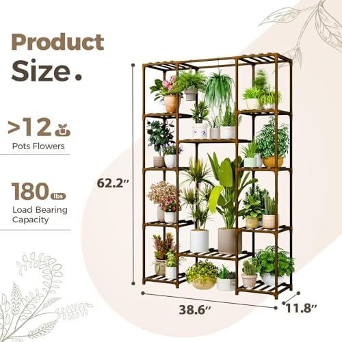 Bamworld 62.2'' Tall Plant Stand Indoor Large Plant Shelf for Multiple Plants Wood Flower Stand Outdoor Hanging Plant Rack for Living Room Garden Balcony Home Decor - Image 6