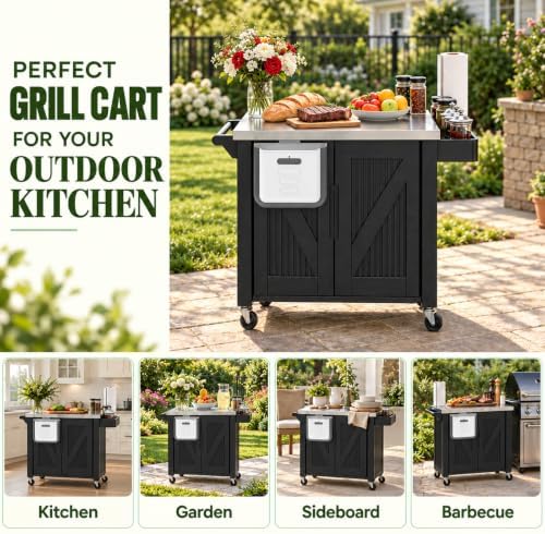 Outdoor Grill Cart with Stainless Steel Tabletop, Outdoor Kitchen Island with Storage Cabinet, Grill Cart with Folding Trash Can, 4 Wheels (2 Lockable) for Patio, Backyard, Garden and Poolside - Image 5