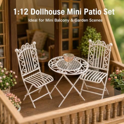 1 12 Scale Dollhouse Furniture Bistro Set, Miniature Metal Table Chairs - Image 2