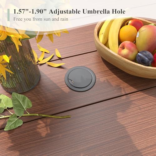 Outdoor Dining Table for 6, 63" Rectangle Outdoor Table with Adjustable Umbrella Hole, All-Weather Metal Patio Dining Table for Lawn Garden Backyard Deck, Walnut - Image 3