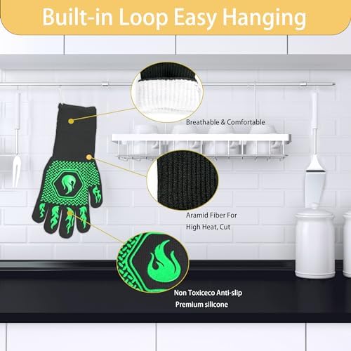 BBQ Gloves 1472F Heat Resistant Non-Slip Silicone 13.5in (Green) - Image 3