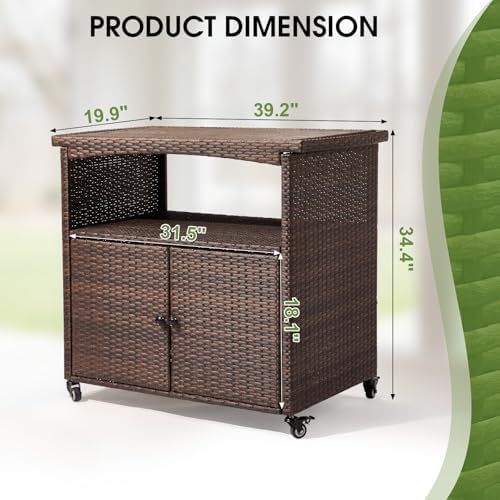 VINGLI Wicker Outdoor Bar Cart with Storage & Rolling Wheels, Patio Bar Table w/Shelf, Outdoor Storage Cabinet Buffet Cabinet Grill Cart for BBQ Pool Patio Kitchen, Brown - Image 3
