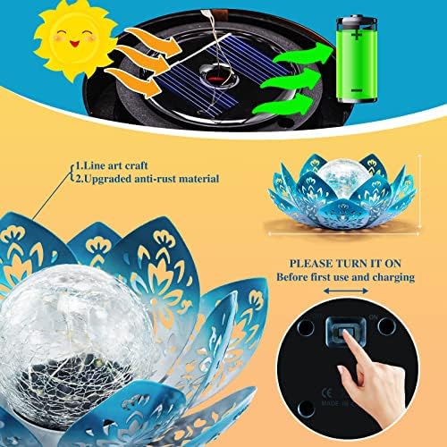 Huaxu Solar Lights Outdoor Decorative - Bright Blue Lotus Flower Table Lamp, Glass Globe 30 LED Waterproof Metal Decorations Gifts for Mom Women Garden Patio Pathway Yard Balcony Outside Decor - Image 5