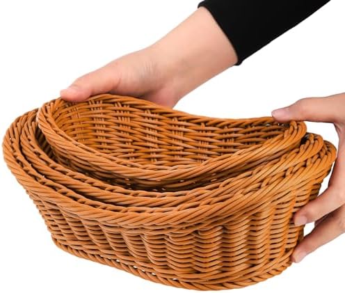 Yarlung 3 Pack Small Woven Breads Baskets, Oval Fruit Baskets Stackable Plastic Wicker Basket for Serving Vegetables, Kitchen, Restaurant, Outdoor, Imitation Rattan Brown, 3 Sizes - Image 3