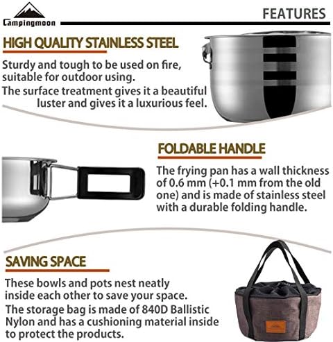 CAMPINGMOON Camping Cookware Set Stainless Steel Outdoor Nesting Cooking Mess Kit Pots Pans Bowls with Storage Carrying Tote Bag - Image 3