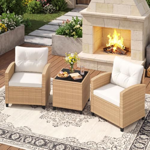 Tangkula 3 Pieces Patio Furniture Set, PE Rattan Wicker 3 Pcs Outdoor Sofa Set w/Washable Cushion and Tempered Glass Tabletop, Conversation Furniture for Garden Poolside Balcony (Light Brown -White) - Image 4