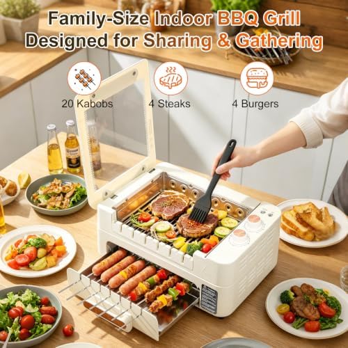 Electric Indoor Grill Smokeless BBQ grill Cooker for BBQ Party 1000W 20-Skewer Capacity,4-in-1 Nonstick Removable Grill Plate with Lid and Auto-Rotating Kabob Skewers adjustable Temperature - Image 5