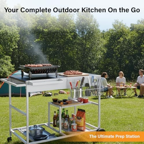 VINGLI Pizza Oven Grill Table Cart, Movable Food Prep Cart with Pizza Topping Station, Seasoning Boxes, Gas Bottle Space, Outdoor Table Stand for Griddle, Patio, Home, Parties - Image 7