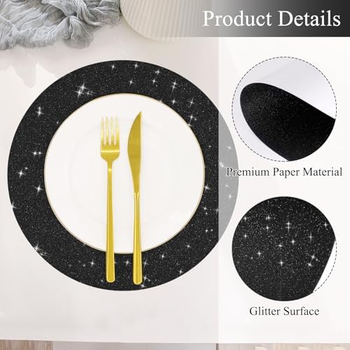 50 PCS Black Paper Placemats Round Place Mat Glitter Disposable Paper Chargers Party Tablemats for Halloween Birthday Wedding Bachelorette Party Dinner Table Decor (13x13inch) - Image 3