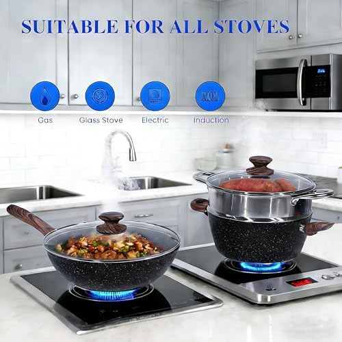 Simple Deluxe 17Pcs Ceramic Cookware Set, Nonstick & Non-Toxic Healthy Pots and Pans, Heat-Resistant Handles, Induction Cookware Sets with Frying Pans, Black - Image 4