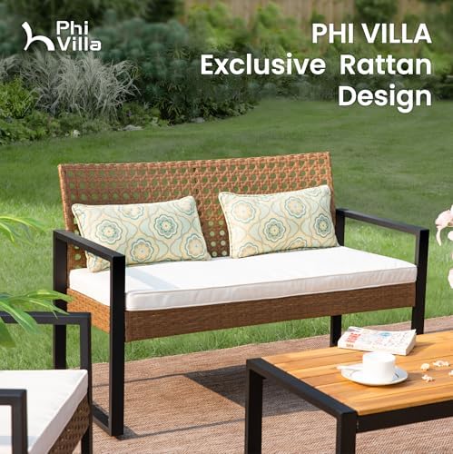 PHI VILLA 4 Piece Brown Wicker Patio Furniture Set with Beige(Round Hole) - Image 4