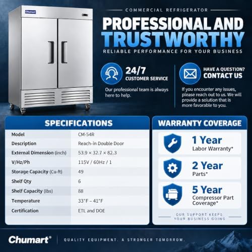 54" W Commercial Refrigerator with 2 door Stainless Steel 49 Cu. Ft Reach-in Refrigerator 6 Adjustable shelves Fan Cooling Fridge for Restaurant, Commercial Kitchen, Shop, ETL Certification - Image 6