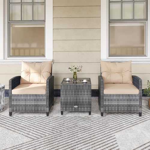 KOTEK 3 Piece Patio Furniture Set, Outdoor PE Rattan Conversation Set with Washable Cushions & Tempered Glass Tabletop, Wicker Chairs and Table Set for Porch, Garden, Balcony (Beige) - Image 7