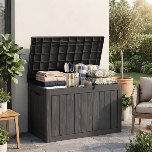DRATO 60Gal Weatherproof Resin Deck Box, Black Lockable Outdoor Storage Bin - Image 7