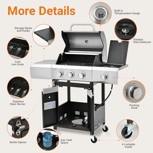 Endark 3-Burner Propane BBQ Grill, 40500 BTU with Side Burner, Stainless Steel, Cast Iron Grate, Thermometer, Rolling Wheels - Image 5