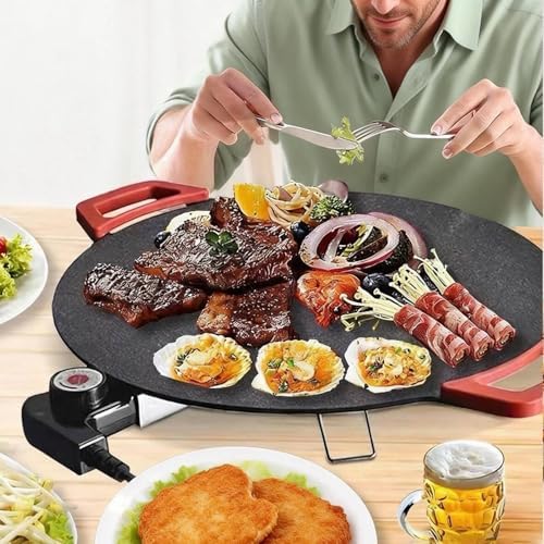 Electric Smokeless Grill, Non-Stick BBQ Griddle with Temperature Control, Round Cooking Surface with Red Handles, Indoor Barbecue Pan for Meat and Seafood (15.7) - Image 2
