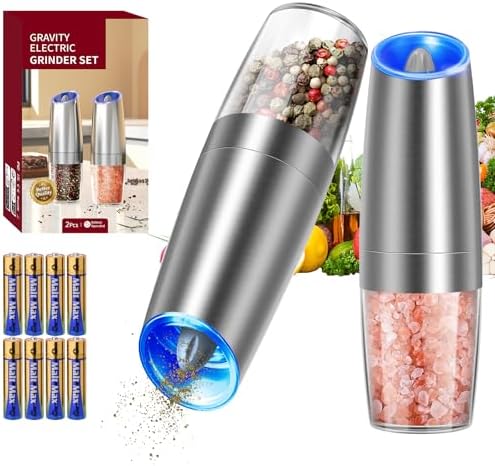 CIRCLE JOY Gravity Electric Salt and Pepper Grinder Set Stainless Steel Automatic Salt and Pepper Grinder Set, Battery Operated, LED Light, Adjustable Coarseness, for Home Kitchen BBQ, Silver by CIRCLEJOY