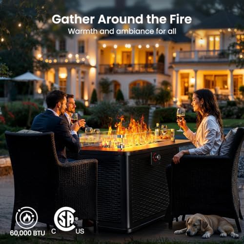 Ciays 43-Inch Rectangular Propane Fire Pit with 60,000 BTU Output, Fire Pit Table Premium Gas for Outside Patio with 304 Stainless Steel H-Burner, Glass Stones, and Wind Guard,Black - Image 2