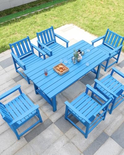 7 Pieces HDPE Outdoor Dining Set, Patio Dining Set with Umbrella Hole, All Weather Outdoor Dining Table Sets for 6, HDPE Patio Furniture Sets for Deck, Backyard, Lawn, and Poolside, Sky Blue - Image 2