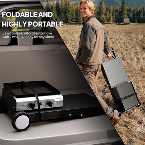 Bonnlo Foldable Flat Top Grill with 2 Burner, Powerful 20,000 BTU Propane Gas Grills with Ignition, Enamel Griddle, Side Shelf & Portable Cart with Wheels for Outdoor Camping Hibachi Grill Use - Image 3