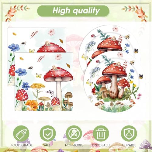 41Pcs Mushroom Birthday Decorations Enchanted Forest Party Tableware Set Wonderland Wildflower Mushroom Paper Plates Napkins Tablecloth丨Baby Shower Fairy Tale Party Cottagecore Party Decor,Serve 20 - Image 4