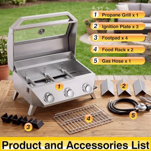 Bestfire 3-Burner Tabletop Propane Gas Grill, 30,000 BTU Portable Propane BBQ Grill with Viewing Glass Lid & Thermometer, Stainless Steel Outdoor Cooking Grill for Camping, RV, Patio and Tailgating - Image 4