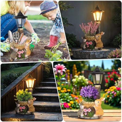 Solar Bunny Statue Outdoor, Rabbits Figurine with Flowerpot & Lantern - Image 5