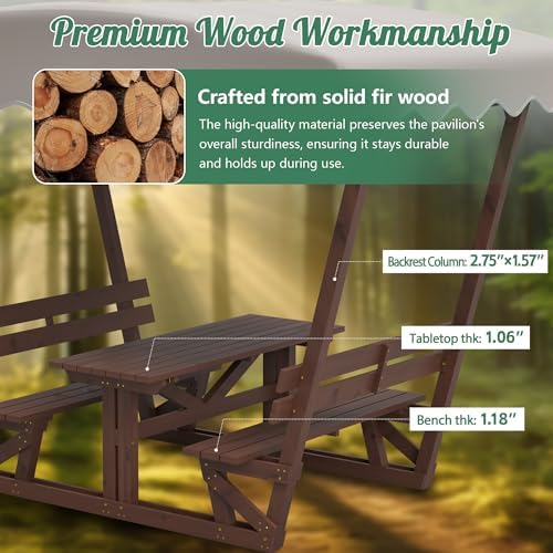 Outdoor Waterproof Solid Wood Picnic Table and Bench Set with Removable Canopy - Suitable for All-Weather patios, Gardens, Decks, Parks, Beaches - Image 7