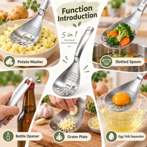 5-in-1 Stainless Steel Cooking Spoon, Multipurpose Stainless Steel Kitchen Spoon, Egg Yolk Separator, Potato Garlic Masher, Grater Plate, Bottle Opener & Slotted Spoon - Image 2