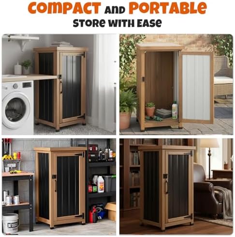 Small Outdoor Storage Cabinet, Wood & Metal Storage Shed with Weatherproof Roof, Removable Shelf, Lockable Door, 2 Metal Hinges, Adjustable Feet, Outside Storage Cabinet - Image 5