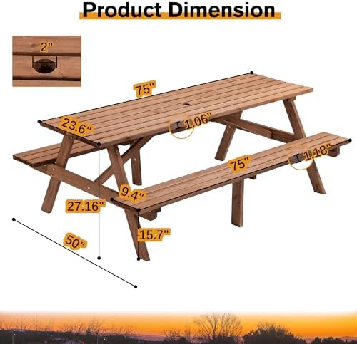 Brown 75" Rectangular Wooden Picnic Tables for Outdoors - Image 2