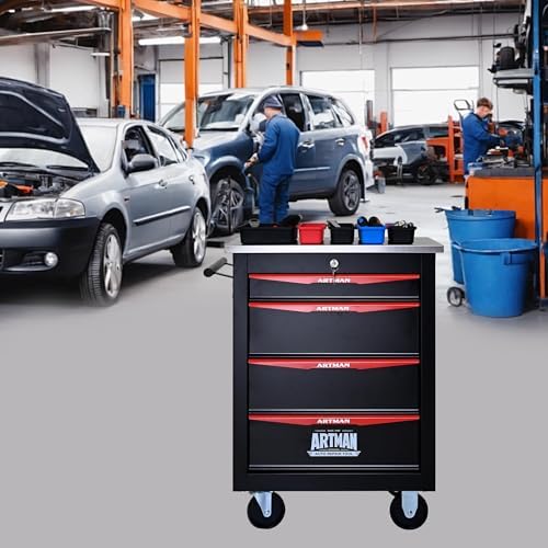 4-Drawer Heavy-Duty Rolling Steel Tool Cart with Handle&Wheels, Metal Storage Organizer Cabinet, Tool Chest for Efficient Tool Storage in Garage, Warehouse, Workshop, Repair Shop, Black&RED - Image 2