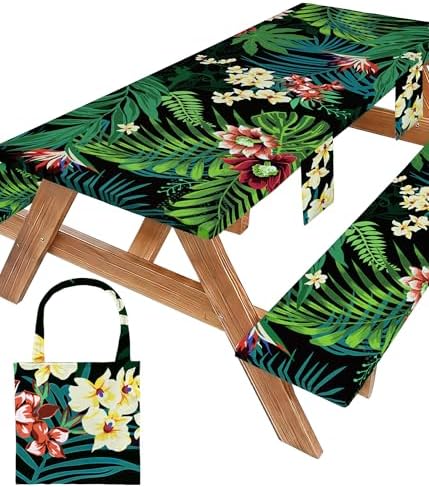 Picnic Table Cover with Bench Covers Waterproof Elastic Rectangle Tablecloth Camping Essentials Supplies Rv Car Travel Gear Must Haves Accessories Fitted Table Cloth Outdoor Road Trip Camper Gifts 6ft by Wrakus