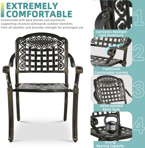 MEETWARM 5 Piece Patio Dining Set, Outdoor All-Weather Cast Aluminum Dining Table Set, Patio Furniture Set for Backyard Garden Deck, Include 4 Chairs and a 35.4" Round Table with Umbrella Hole - Image 3