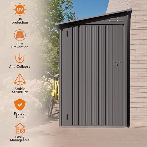 YOPTO 4x9 FT Outdoor Storage Shed,Lean to Metal Shed W/Window,All Weather Waterproof Garden Storage Shed W/ 6 Air Vents & 1 Lockable Door,Weatherproof Tool House W/Sloped Roof,for Lawn,Gray - Image 5