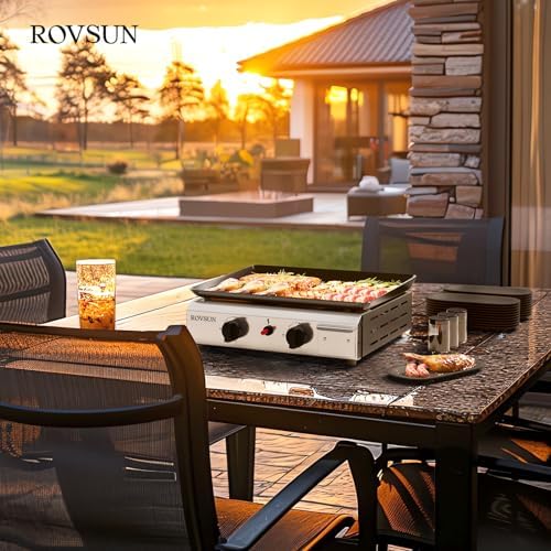 ROVSUN 2 Burner Portable Propane Griddle with Electronic Ignition & Regulator, 20,000 BTU Tabletop Flat Top Gas Grill with Nonstick Enameled Tray for Outdoor Cooking Camping BBQ Tailgating Picnicking - Image 7