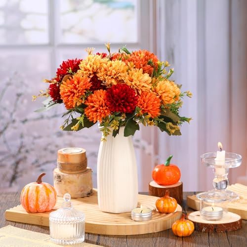 XunYee 12 Pcs Fall Artificial Flowers for Outdoor Faux Mums,Burnt Orange - Image 3