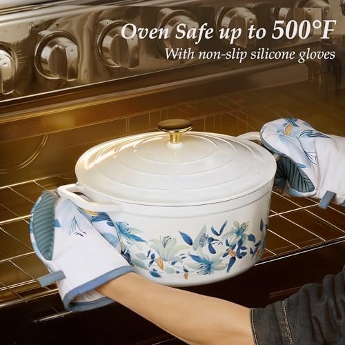 CAROTE 7QT Enameled Cast Iron Dutch Oven Pot with Lid, White & Blue - Image 4