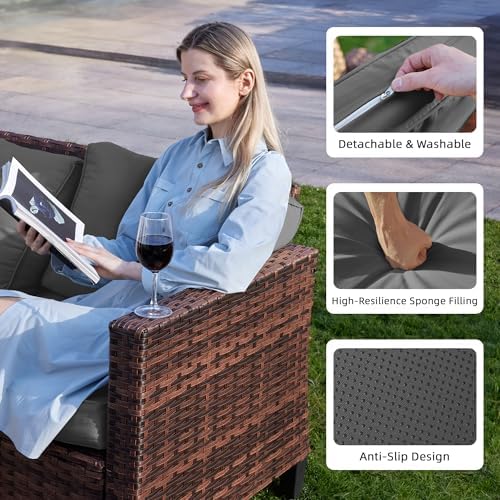 UDPATIO Patio Furniture Set with Fire Pit Table, Rocking Swivel Chairs, 6 Pieces Outdoor Conversation Sets, All-Weather Wicker Outdoor Sectional Sofa with Waterproof Cover, 4'' Thickened Cushion, Grey - Image 6